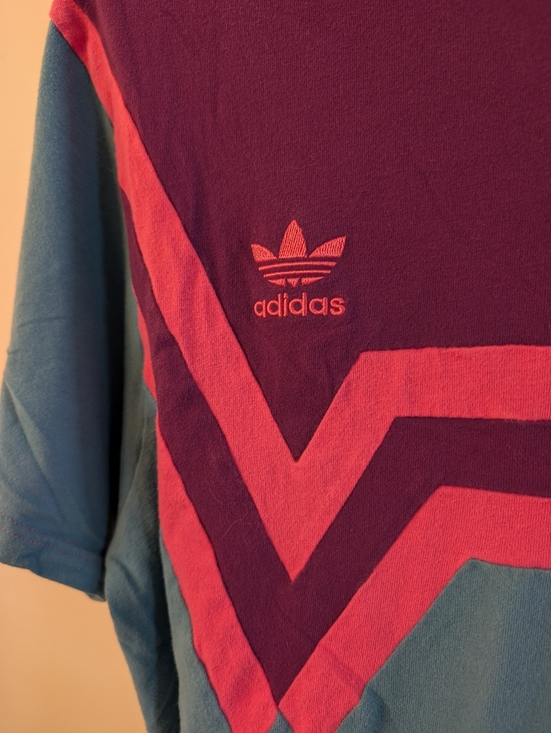 adidas Tops - Vintage 90s/Y2K (UNISEX) - Adidas Trefoil Crew Tee - Purple, Pink & Teal
